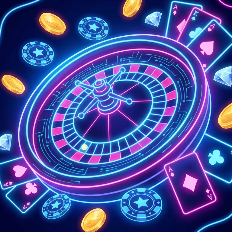 ShibuSpins kasino – neon-rulettipyörä pelikorteilla ja pelimerkeillä